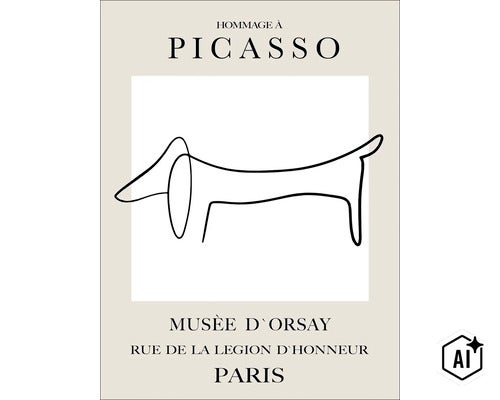 Wandbild mit einer minimalistischen Linienzeichnung eines Dackels im Picasso Stil mit Text Hommage a Picasso und Musee d Orsay Paris (Image AI modified or generated)