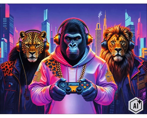 Wandbild mit Gorilla, Leopard und Löwe in moderner Kleidung mit Kopfhörern und Gaming Controller vor einer stilisierten nächtlichen Skyline. (Image AI modified or generated)