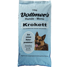 Vollmer's Krokett Hundefutter, 15 Kilogramm Trockenfutter für Hunde mit Bild eines Deutschen Schäferhundes.