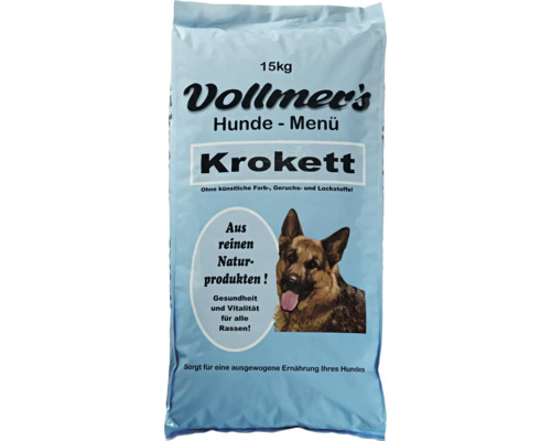 Vollmer's Krokett Hundefutter, 15 Kilogramm Trockenfutter für Hunde mit Bild eines Deutschen Schäferhundes.