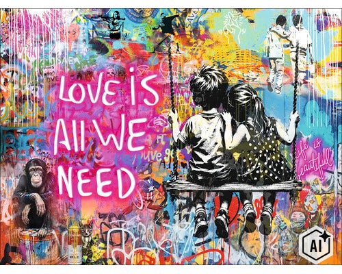 Wandbild mit Graffiti Motiv und dem Schriftzug Love is all we need, ideal als Wanddekoration für Wohnbereiche. (Image AI modified or generated)