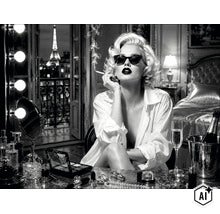 Schwarz-Weiß-Wandbild einer Frau im Hollywood-Stil vor einem Schminktisch mit Blick auf den Eiffelturm, geeignet als stilvolles Wohnaccessoire. (Image AI modified or generated)