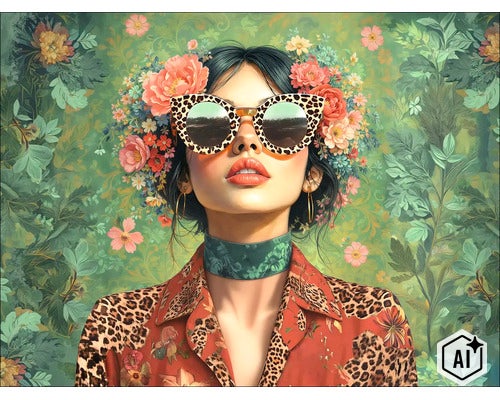 Wandbild mit Porträt einer Frau mit Leopardenmuster Sonnenbrille und Blumenschmuck im Haar vor floralem Hintergrund. (Image AI modified or generated)