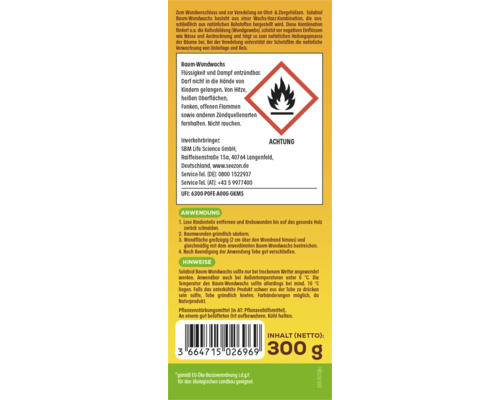 Solabiol Baum-Wundwachs Tube 300 Gramm zur Wundversorgung und Veredelung von Obst- und Ziergehölzen inklusive Anwendungshinweisen und Gefahrensymbol.