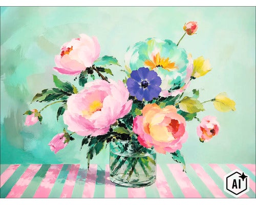 Wandbild mit einem Blumenstrauß aus Pfingstrosen in einer Glasvase auf einem gestreiften Untergrund im malerischen Stil (Image AI modified or generated)