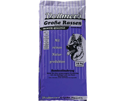 Vollmer's Große Rassen Hundefutter für ausgewachsene Hunde, 15 Kilogramm Beutel mit Geflügel und Reis, hergestellt in Deutschland.