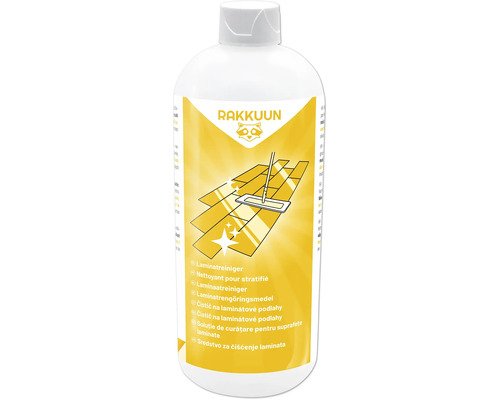 Rakkuun Laminatreiniger in einer Kunststoffflasche zur Pflege von Laminatböden. Rakkuun Laminatreiniger in einer Kunststoffflasche zur Pflege von Laminatböden.