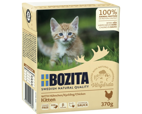 Bozita Kitten Nassfutter für Katzen mit Huhn, getreidefrei, Stückchen in Soße, 370 Gramm Packung.