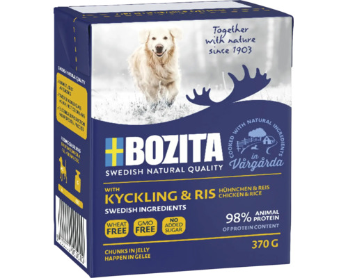 Bozita Hundefutter mit Huhn und Reis, 370 Gramm Packung, Nassfutter in Gelee mit schwedischen Zutaten, getreidefrei und ohne Zuckerzusatz.