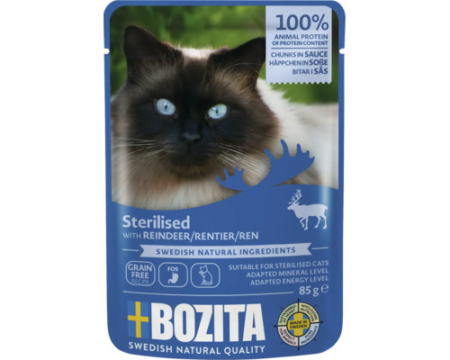 Bozita Futterbeutel für sterilisierte Katzen mit Rentier, getreidefrei, 85 Gramm.
