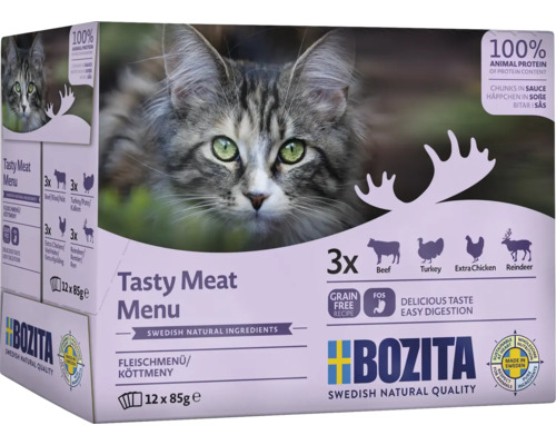 Bozita Katzenfutter Tasty Meat Menu Multipack zwölf Beutel zu fünfundachtzig Gramm mit Fleischstücken in Soße