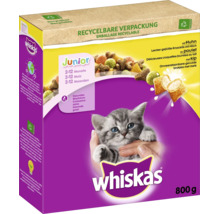 Whiskas Junior Katzentrockenfutter mit Huhn und Milch, 800 Gramm Verpackung.
