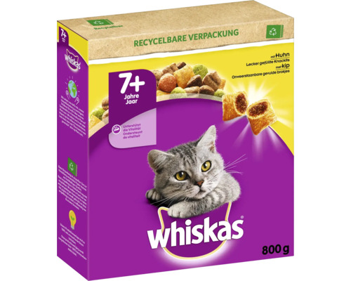 Whiskas 7 plus Katzentrockenfutter mit Huhn, 800 Gramm Packung, Trockenfutter fuer Seniorkatzen zur Unterstuetzung der Vitalitaet.