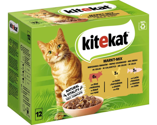 Kitekat Markt Mix Katzennahrung im Gelee, 12 Frischebeutel mit Rind, Huhn und Lachs, Komplettfutter für ausgewachsene Katzen.