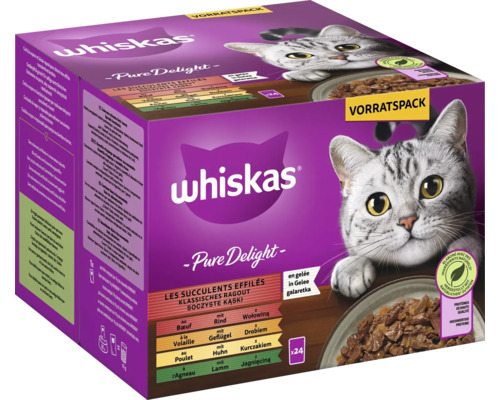 Whiskas Pure Delight Vorratspack Katzenfutter in Gelee, 24 Portionsbeutel