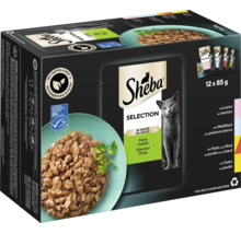 Sheba Selection Katzennassfutter in Sauce, Mischpaket mit Lachs, Weißfisch, Huhn und Rind, 12 Beutel à 85 Gramm.