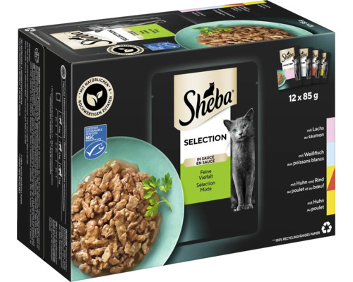 Sheba Selection Katzennassfutter in Sauce, Mischpaket mit Lachs, Weißfisch, Huhn und Rind, 12 Beutel à 85 Gramm.