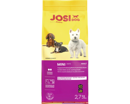 Josera JosiDog Mini Hundefutter für kleine Rassen, glutenfreie Rezeptur, 2,7 Kilogramm Trockenfutter mit angepasster Krokettenform.