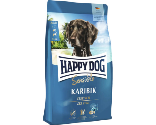 Happy Dog Sensible Karibik Trockenfutter für Hunde mit Seefisch, getreidefrei, 11 Kilogramm Packung.