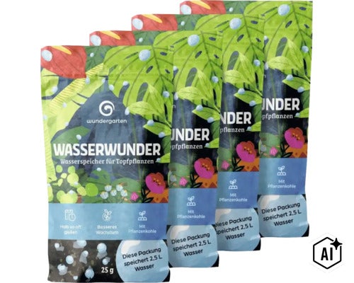 Wundergarten Wasserwunder Wasserspeicher für Topfpflanzen mit Pflanzenkohle in der 25 Gramm Packung. (Image AI modified or generated)