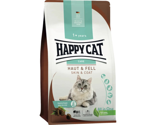 Happy Cat Care Haut und Fell Katzentrockenfutter in der Packung mit Abbildung einer Katze