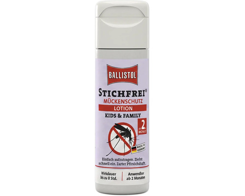 Ballistol Stichfrei Kids und Family Mückenschutz Lotion für Kinder und Erwachsene in einer Flasche mit Verschlusskappe.