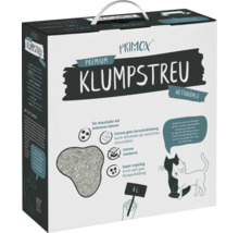 Primox Premium Klumpstreu mit Aktivkohle, 8 Liter Katzenstreu für mehrere Katzen, staubarm und geruchsbindend, in praktischer Trageverpackung.