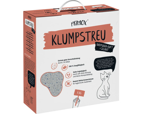 Primox Klumpstreu mit Babypuderduft und Silikat, Katzenstreu, 8 Kilogramm Kartonverpackung