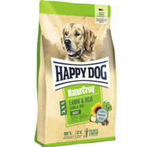 Happy Dog NaturCroq Lamm und Reis Hundefutter in der Packung mit Hundemotiv