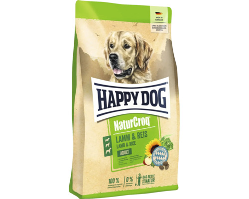 Happy Dog NaturCroq Lamm und Reis Hundefutter in der Packung mit Hundemotiv