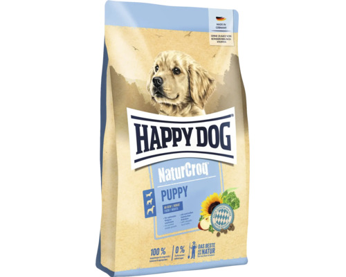 Happy Dog NaturCroq Puppy Welpenfutter Verpackung mit Hundemotiv