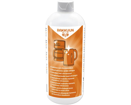 RAKKUUN Kalklöser mit Zitronensäure in einer Kunststoffflasche zur Entkalkung von Kaffeemaschinen und Wasserkochern.