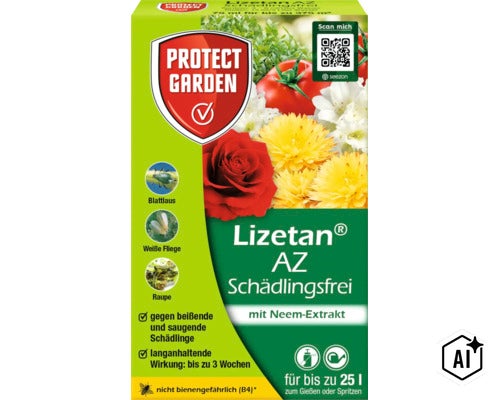 Protect Garden Lizetan AZ Schdlingsfrei Flasche mit Neem Extrakt zur Bekmpfung von beienden und saugenden Schdlingen im Garten (Image AI modified or generated)