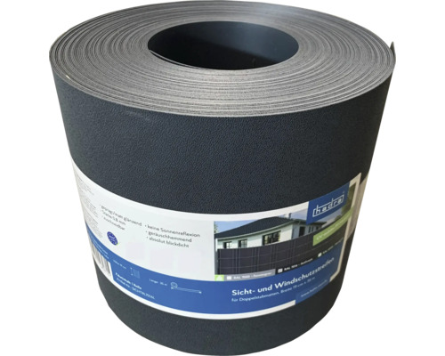 Sichtschutzstreifen Rolle für Doppelstabmattenzäune, 19 Zentimeter breit und 35 Meter lang, aus strapazierfähigem Kunststoff.