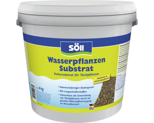 Ein Eimer Söll Wasserpflanzensubstrat mit sechs Kilogramm Inhalt als Kultursubstrat für Teichpflanzen inklusive Langzeitnährstoffen.
