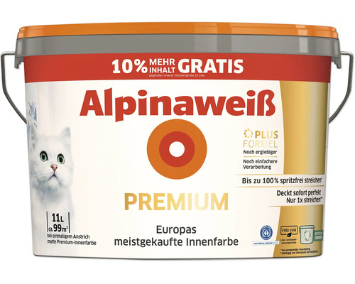 Alpinaweiss Premium Innenfarbe 11 Liter mit 10 Prozent mehr Inhalt fuer einen deckenden Anstrich