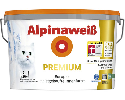 Eimer Alpinaweweiß Premium Innenfarbe 4 Liter für bis zu 36 Quadratmeter, matte Wandfarbe mit Stiftung Warentest Testsieger Auszeichnung