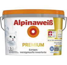 Eimer Alpinaweiss Premium Innenfarbe mit Katze Motiv und Stiftung Warentest Testsieger Auszeichnung für ein Liter Reichweite für neun Quadratmeter