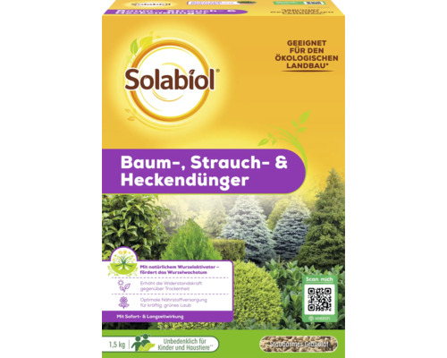 Solabiol Baum-, Strauch- und Heckendünger 1,5 kg Packung für ökologischen Landbau geeignet mit natürlichem Wurzelaktivator und Sofortwirkung.