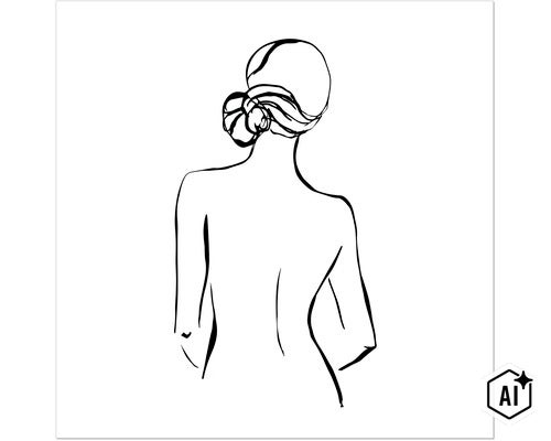 Wandbild mit einer minimalistischen Strichzeichnung einer Frau mit Dutt von hinten betrachtet. (Image AI modified or generated)