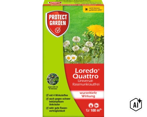 Protect Garden Loredo Quattro Universal Rasenunkrautfrei Unkrautvernichter für Rasen mit wurzeltiefer Wirkung gegen über 40 Unkrautarten. (Image AI modified or generated)