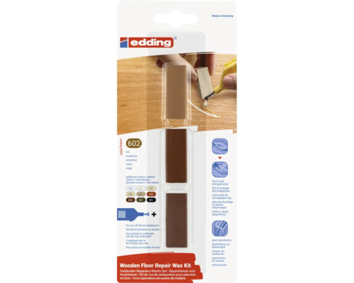 Edding Holzreparaturwachs Set für Holzböden in Nussbaum zur Reparatur und zum Auffüllen von Kratzern und Schadstellen.