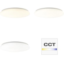 Drei Deckenleuchten mit unterschiedlichen Lichtfarben und CCT Symbol.
