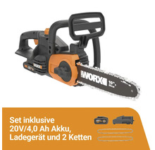 Worx Akku-Kettensäge mit 25 Zentimeter Schwertlänge inklusive 20 Volt Akku, Ladegerät und zwei Ketten.