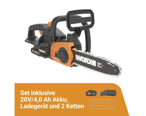 Worx Akku-Kettensäge mit 25 Zentimeter Schwertlänge inklusive 20 Volt Akku, Ladegerät und zwei Ketten.