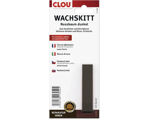 CLOU Wachskitt in Nussbaum dunkel zur Reparatur von kleinen Kerben und Rissen in Holzoberflächen inklusive Spatel.