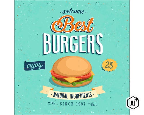 Vintage Poster mit Hamburger Grafik und Text Best Burgers sowie Hinweis auf natürliche Zutaten seit 1987. (Image AI modified or generated)