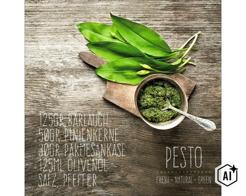 Rezept für Bärlauch Pesto mit frischen Blättern und Zutatenliste auf einem rustikalen Holzuntergrund. (Image AI modified or generated)