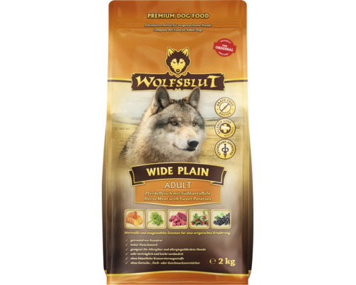 Wolfsblut Wide Plain Hundefutter für ausgewachsene Hunde mit Pferdefleisch und Süßkartoffeln, getreidefrei, 2 Kilogramm Packung.