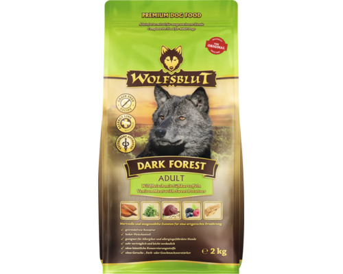 WOLFSBLUT Dark Forest Hundefutter mit Wildfleisch und Süßkartoffeln, getreidefrei, Packung mit 2 Kilogramm für ausgewachsene Hunde.